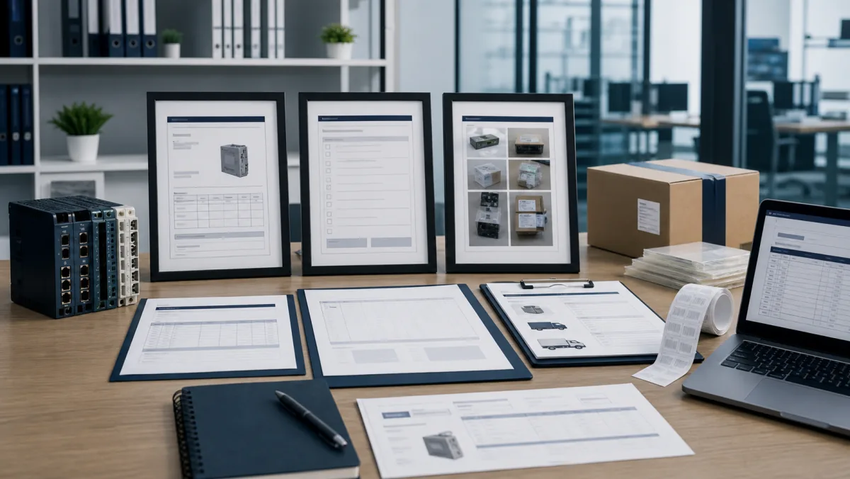 Representative documentation workflow with quotation sheets, packing notes, labels, and automation module samples
