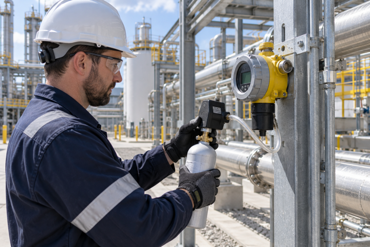 Honeywell fixed gas detector and calibrated bump-test setup in a process plant 2026