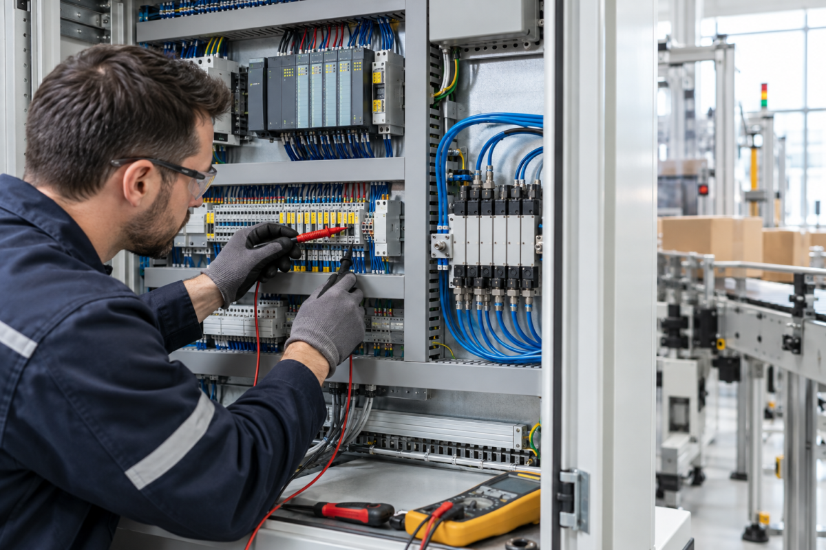 Technician traces a PLC output circuit to a solenoid valve in a bright control cabinet 2026