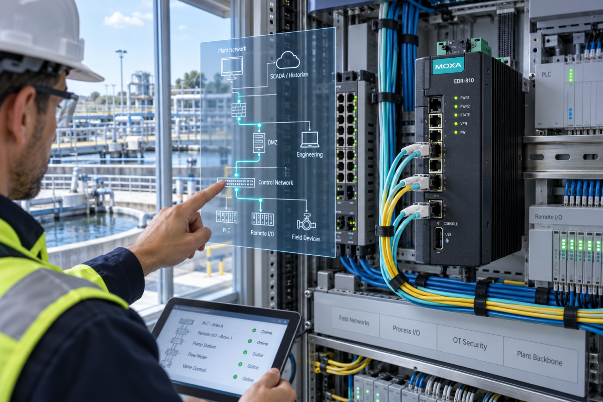 Moxa EDR-810 industrial secure router and OT network path inspection in a bright plant cabinet 2026